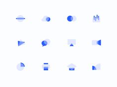 blue and white geometric shapes are arranged on a white background, including an upward arrow