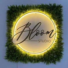 the bloom studio sign is surrounded by greenery and illuminated with neon lights in front of a blue sky