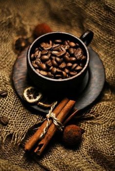 coffee beans in a bowl with cinnamon sticks