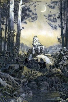 a painting of people riding horses in the woods with trees and rocks around them, under a full moon