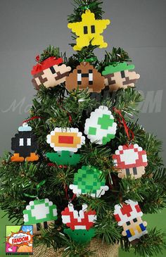 an ornament christmas tree with mario bros ornaments