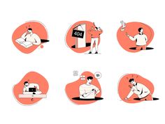 six illustrations of people doing different things in the same room, including one man holding a sign