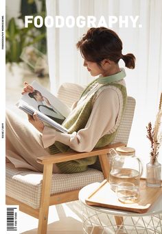 a woman sitting in a chair reading a book with the words food photography on it