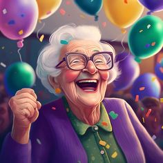 an older woman with glasses holding balloons and confetti