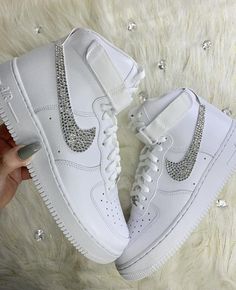 Men's Custom Swarovski Crystal Nike Air Force One High Top White Kicks Air Force 1 High Top, Bling Nike Shoes, Swarovski Nike, All White Sneakers, Nike Air Force One, Nike Air Force 1 High, Air Force 1 High, Photographie Portrait Inspiration, Youth Shoes