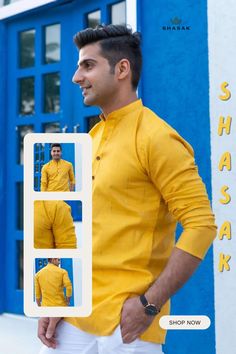 Introducing The Yellow Short Kurta With Embroidered Golden Stripe Design – the perfect choice for men looking to make a statement at any wedding event. This stunning yellow kurta features intricate golden embroidery, adding a touch of elegance to your ensemble. Stand out from the crowd and exude confidence with this eye-catching piece. Haldi Function, Yellow Kurta, Golden Embroidery, Exude Confidence