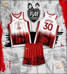 the basketball uniform is red and white with roses on it, while the shorts are black