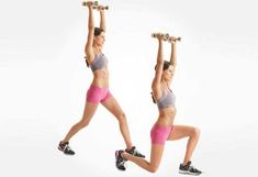 two women are doing exercises with dumbbells