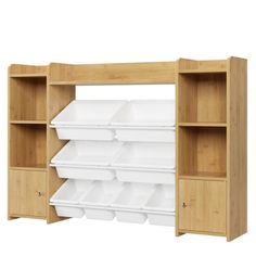 a wooden shelf with bins and shelves on it