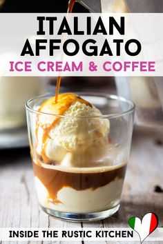 an ice cream and coffee drink being poured into a glass with the words italian afogato