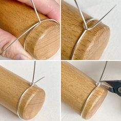 four pictures showing how to make a wooden object with wire and wood pegs on it