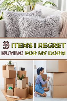 there is a woman sitting on the floor with boxes in front of her and text that reads 9 items i regret buying for my dorm