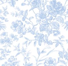 a blue and white floral wallpaper with lots of flowers on the top of it