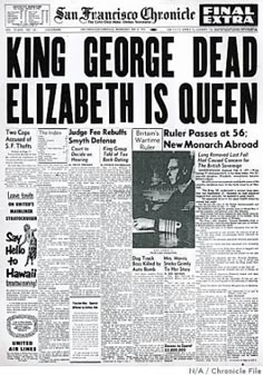 the front page of an old newspaper with a photo of king george dead elizabeth is queen