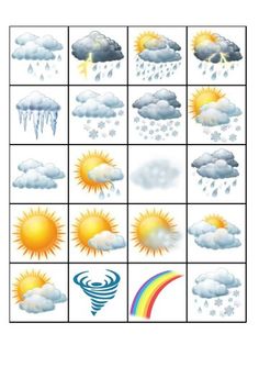 the weather is shown with different types of clouds and rainbows in it's squares