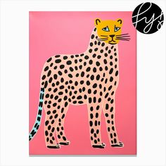 a painting of a cheetah on a pink background with a black dot in the middle