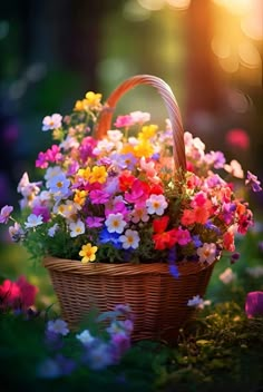 a basket filled with lots of colorful flowers