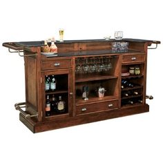 an old fashioned bar with wine glasses and liquor bottles on the top, sitting in front of a white background