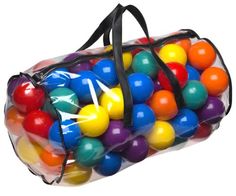 a bag filled with lots of colorful balls