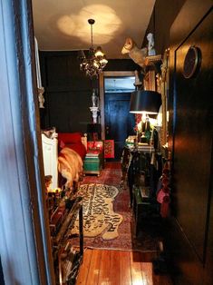 the hallway is decorated in black and red