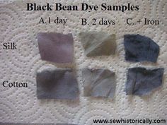 four different shades of black bean dye samples on a white crochet doily