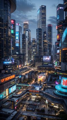 an aerial view of a city at night with lots of tall buildings and billboards