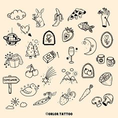 an assortment of tattoo designs on a white background, including symbols such as tattoos and other items