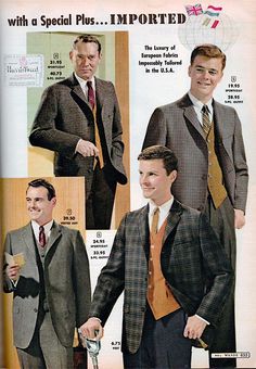 1961 Montgomery Wards 70s Fashion Men, Masculine Elegance, Montgomery Ward, Vintage Mens Fashion, Mens Vintage, 70s Fashion, Vintage 60s, Double Breasted Suit Jacket, Vintage Ads