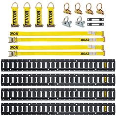 the front and back side of a set of heavy duty rail with hooks, straps and clips