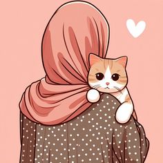 an orange and white cat sitting on top of a woman's shoulders with a pink scarf over her head