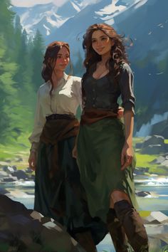 two women standing next to each other near a river