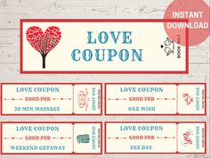 printable love coupon for valentine's day with hearts and tree on it