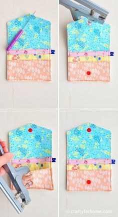 four pictures showing how to make a zipper pouch with scissors and fabric scraps on it