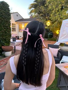 #hairstyles #braids #bow #pinkbow #coquette #girlhairstyles #hairstyleidea #brunettehair #girlhood #aesthetic Girly Hairstyles, Business Notes, Ribbon Hairstyle, Hairstyle Inspo, Hairdos For Curly Hair, Pink Bows, Hair Up Styles, Back To School Hairstyles, Hairdo For Long Hair