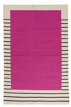 a pink rug with black and white stripes on the bottom, in front of a white background