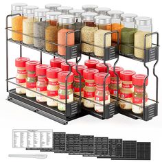 the spice rack is full of spices and seasonings