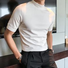 SPECIFICATIONS Applicable Scene: Daily Sleeve Length(cm): Short Applicable Season: summer Style: Casual Material: COTTON Material: Polyester Collar: Turtleneck Sleeve Style: Regular sleeve Hooded: No Fabric Type: Broadcloth Gender: MEN Pattern Type: Solid Tops Type: Tees Item Type: Tops