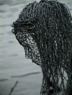 a close up of a person's head covered in black wire next to water