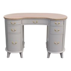 an oval shaped desk with two drawers and gold knobs on the top, against a white background