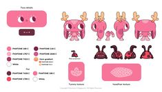 the design process for an animal costume is shown in pink and red colors, including antlers