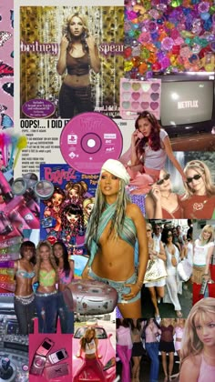 the collage shows many different images of women in bikinis and clothing, including a television