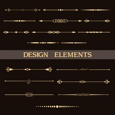 a set of decorative design elements in gold and black colors on a dark background illustration