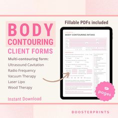 Body Contouring forms - Client intake and consent forms for Ultrasound Cavitation, Laser lipo, RF therapy, Butt lift, Wood therapy service forms for the body shaping professional.  DIGITAL DOWNLOAD  Are you starting to offer Body Contouring services to your clients? Save time with these done-for-you fillable forms and focus on your clients instead. These Body Sculpting forms have a modern polished look to give your clients a taste of your professionalism. THIS LISTING WILL HELP YOU TO Cover your Ultrasound Cavitation, Vacuum Therapy, Wood Therapy, Fillable Forms, Laser Lipo, Consent Forms, Body Contour, Body Sculpting, Describe Yourself