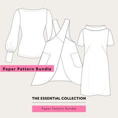 the paper pattern bundle includes three different dresses and one long - sleeved top with sleeves