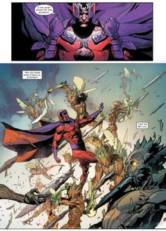 a comic page with an image of a man in red and purple armor surrounded by monsters