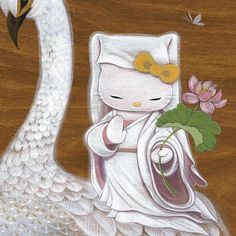 a painting of a white cat with a flower in it's hand next to a swan