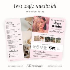 two page media kit for influencers with photos and text on the front, in pink