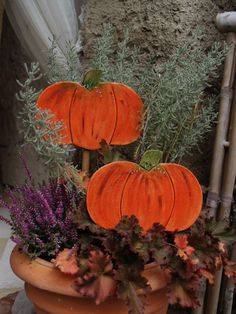 two pumpkins sitting on top of a potted plant next to other plants and flowers