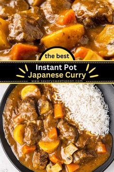 the best instant pot japanese curry recipe with rice and vegetables in a black bowl on a white surface