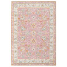 a pink and yellow rug with an ornate design on the bottom, in front of a white background